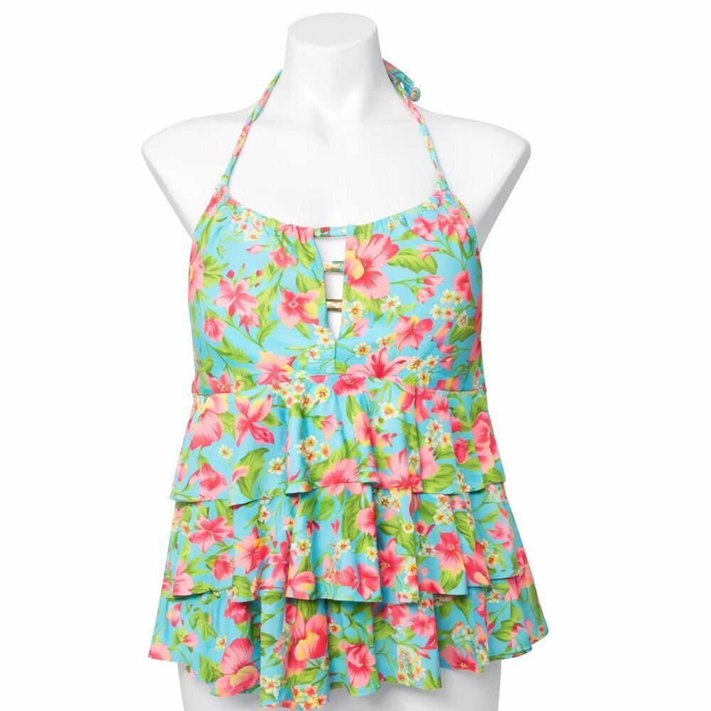 CATALINA Halter Blue Floral Ruffle Swim Top Size L (12-14)